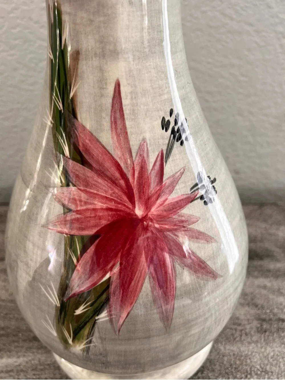 Heidi Schoop Vintage Hand-Painted Grey Pottery 12” Vase with Red Vibrant Floral